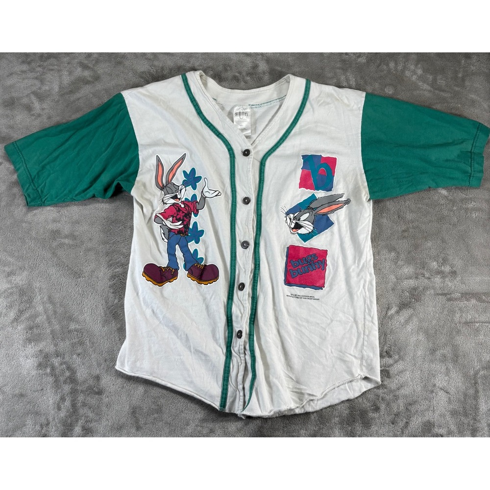 VTG Sun Sportswear‎ Bugs Bunny Baseball Jersey Women Medium White Green 1994 90s